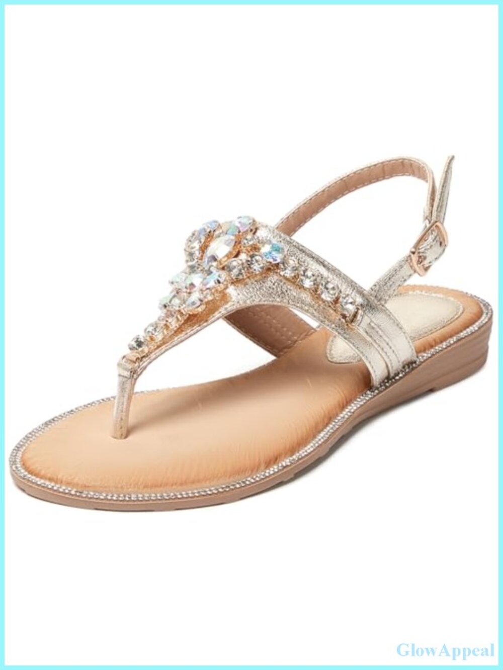 Women's Rhinestone Flat Sandals T-Strap Adjustable Ankle Strap Faux Leather